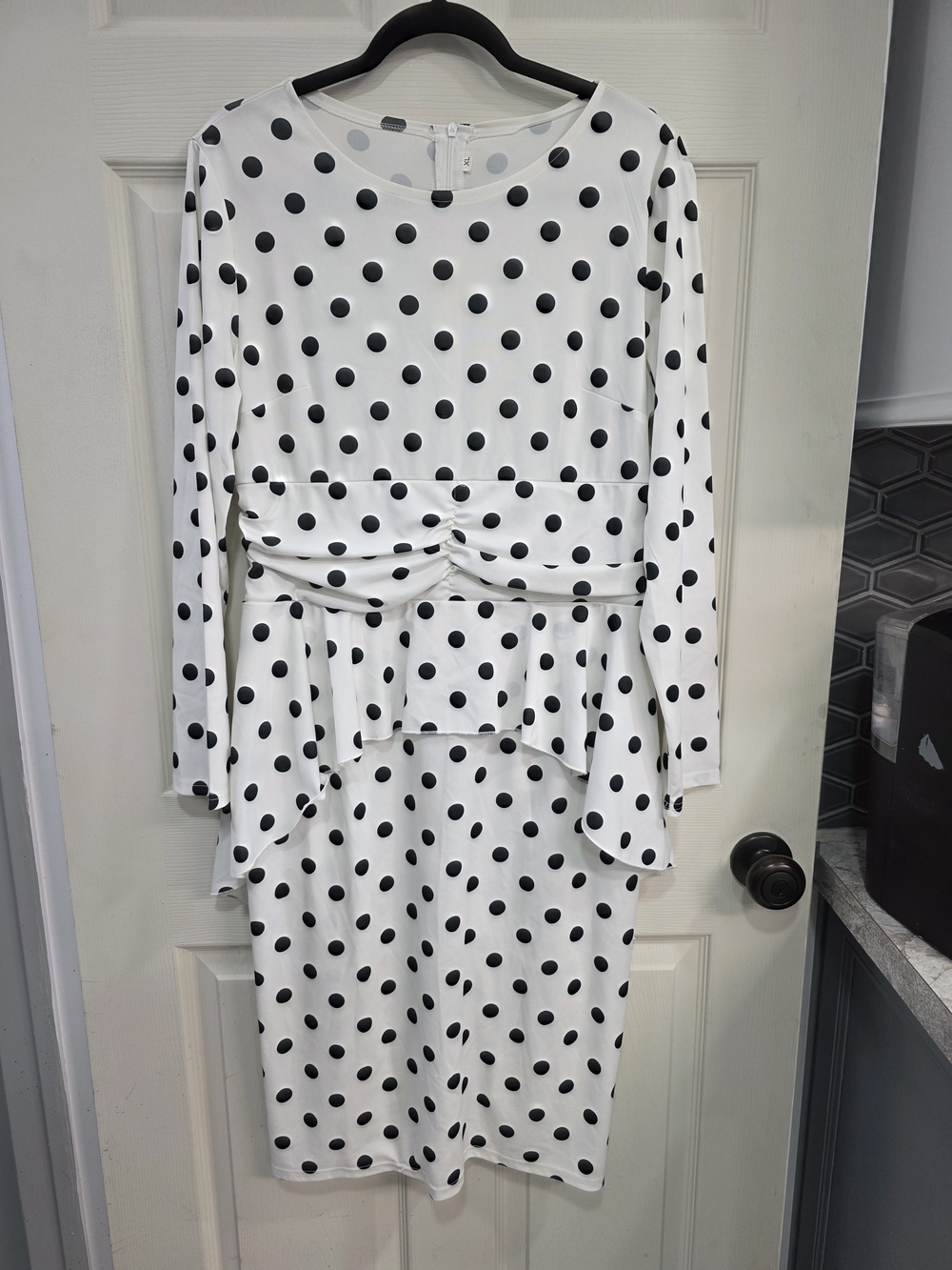 White and Black Polka Dot Long Sleeve Dress